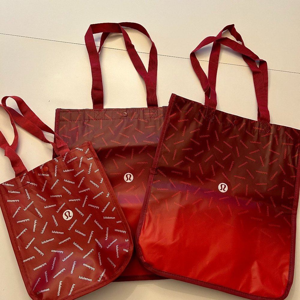 Set Lululemon Athletica Reusable 3 Shopping Logo Graphic Print Red Tote Bags